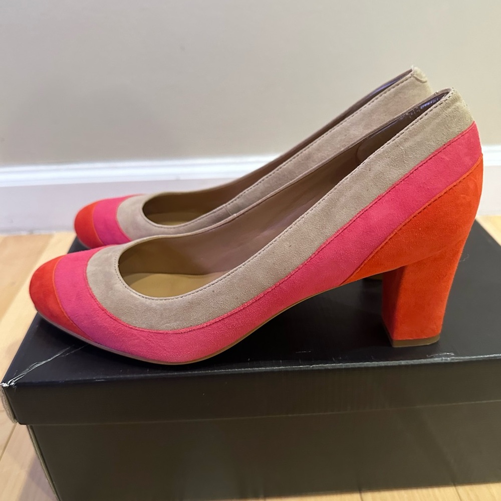 Talbots Suede Colorblock Tomato Pink Nude Pumps - 7